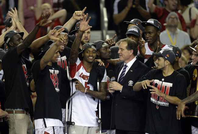 Louisville Cardinals guard Kevin Ware Celebrates